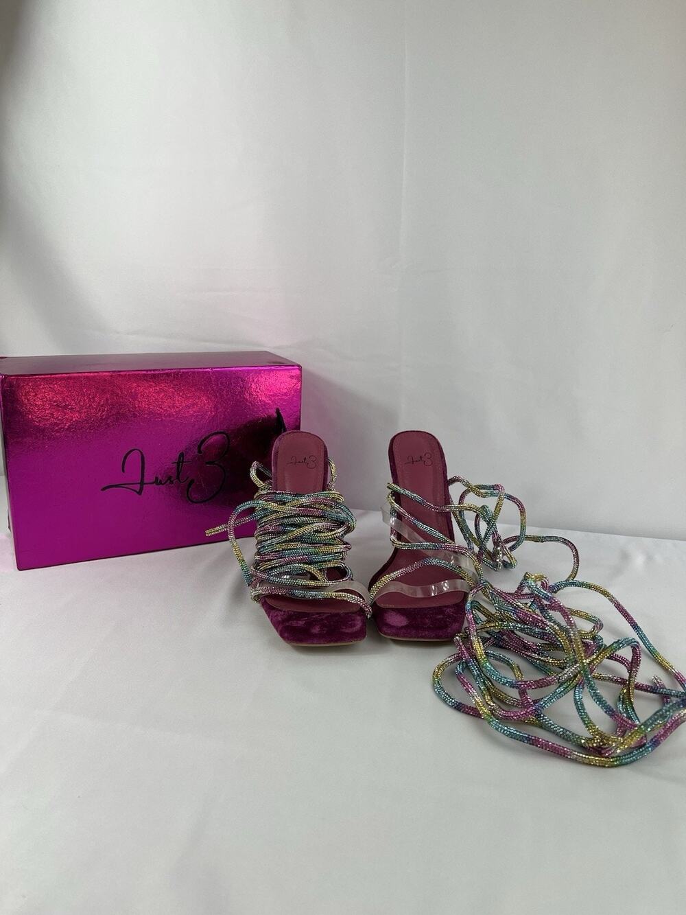JustFab Diamonds Heels Fuschia Pink Velvet Lace Up Strappy Sandals Size 9